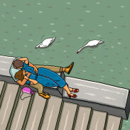 Un homme et une femme sur un pont, à proximité de cygnes.