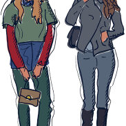 Deux femmes, vêtu de tenues urbaines, avec des sacs, et avec un style de dessin très graphique et coloré
