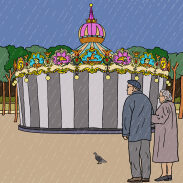 un couple devant une roue de carrousel dans la pluie