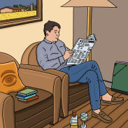 Un homme lisant un journal dans un salon confortable