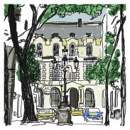 Villa en pierre, rue bordée d'arbres
