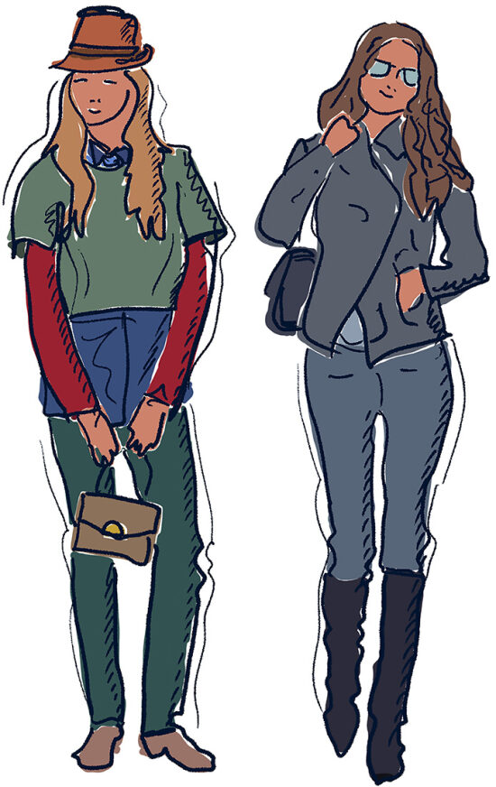 Deux femmes, vêtu de tenues urbaines, avec des sacs, et avec un style de dessin très graphique et coloré