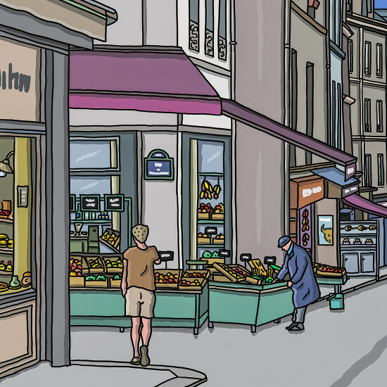 Deux hommes devant un fruitier