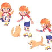 Enfant patineuse avec chien