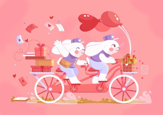 Deux lapins postiers sur un tricycle