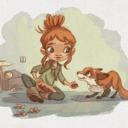 une femme, un chien, des fleurs