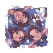 3 garçons et 1 chien sur un tapis de fleurs bleues