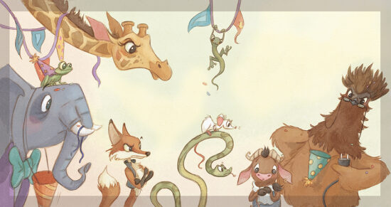 Girafe, renard, serpent, éléphant, singe, vache