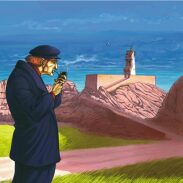 Homme fumeur près du phare côtier