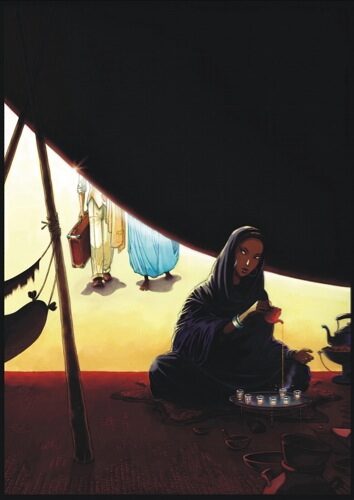 Femme servant du thé sous un abri