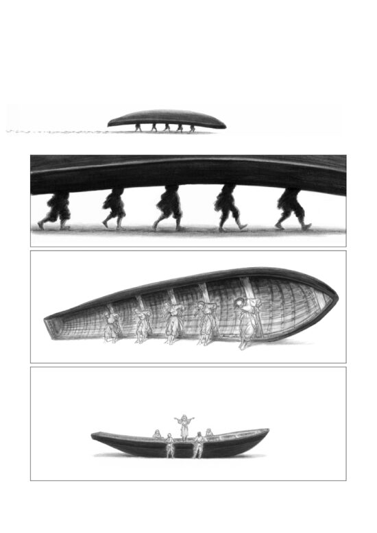 Bateau et silhouettes en mouvement