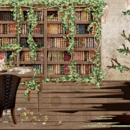 Table et chaise devant une bibliothèque, avec des lianes et des fleurs
