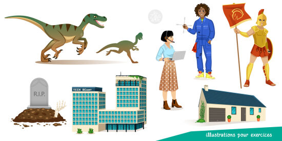 Dinosaures, terrains de morts, bâtiments, femme en blouse et robe, homme en chemise et pantalon, guerrier en armure jaune, maison