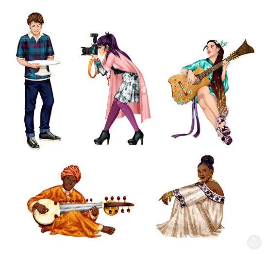 Personnages divers en activité artistique