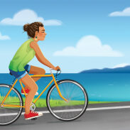 Femme à vélo au bord de la mer