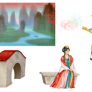 Illustration de femmes dans un jardin de style chinois