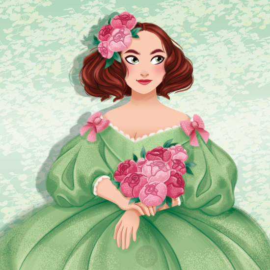 Femme en robe verte avec fleurs
