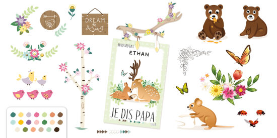 Enfant et faon dans une forêt de papier