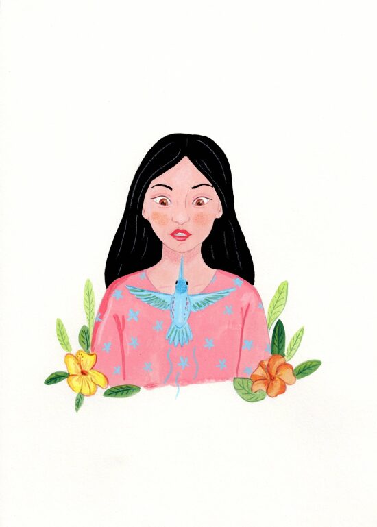 Portrait féminin avec oiseau et fleurs