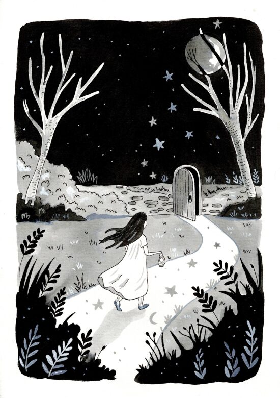 Fille marchant vers une porte nocturne