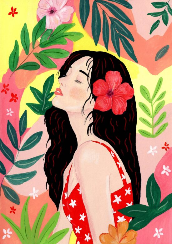 Femme tropicale en robe rouge