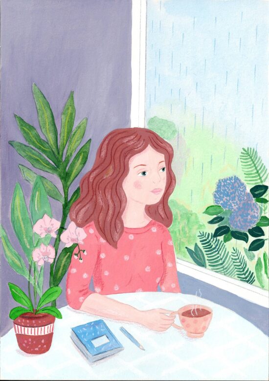 Femme contemplant la pluie à la fenêtre