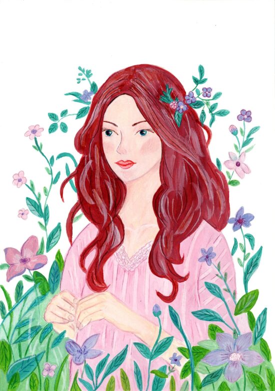 Portrait féminin entouré de fleurs