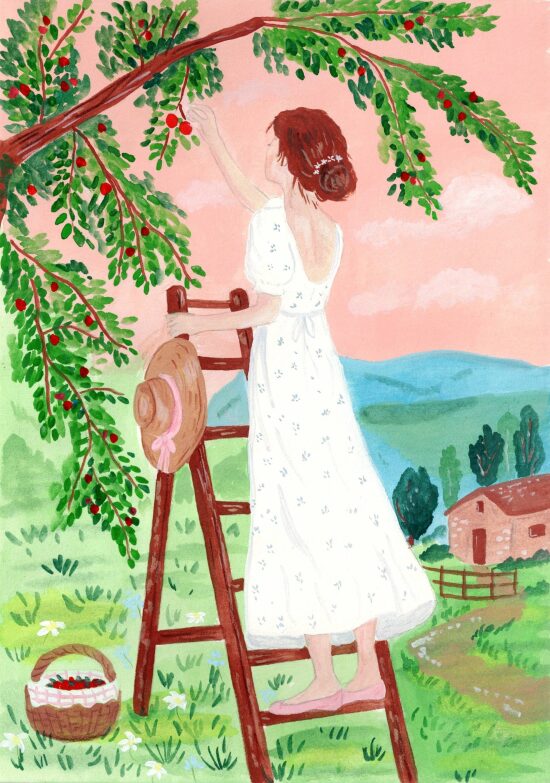 Récolte de cerises au crépuscule