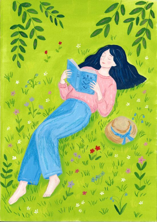 Femme lisant dans un champ fleuri