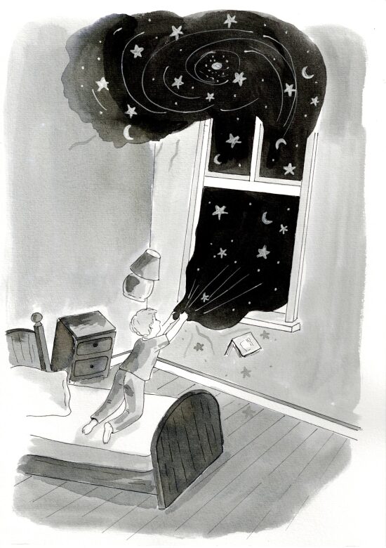 Enfant explorant le cosmos nocturne