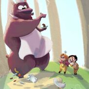 Un ours en chef mangeant un gâteau