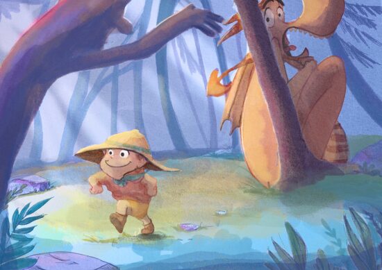 Enfant et dragon dans la forêt