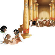 Famille dans une maison à colonnes égyptienne