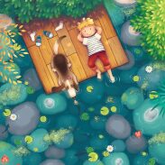 Enfant et chien sur un plancher de bois au bord d'un lac