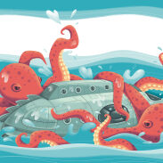 Poulpes entourant un sous-marin