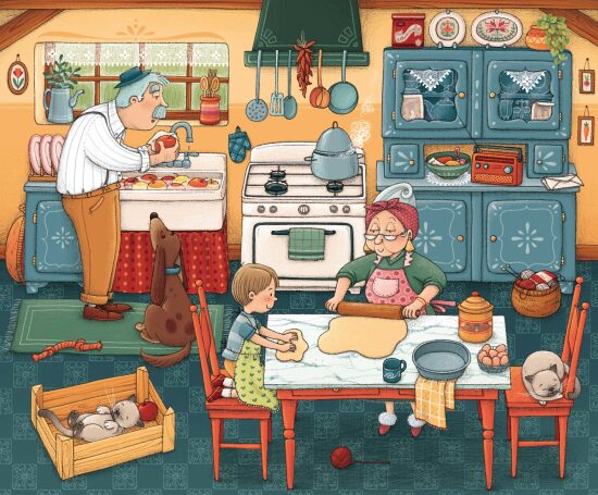 Scène de cuisine familiale animée