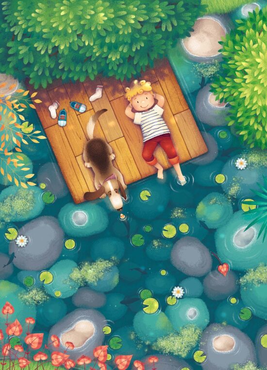 Enfant et chien sur un plancher de bois au bord d'un lac