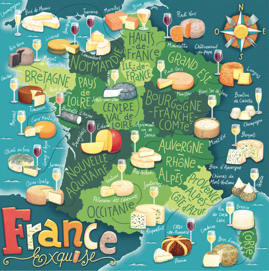 Carte de France aux fromages et vins