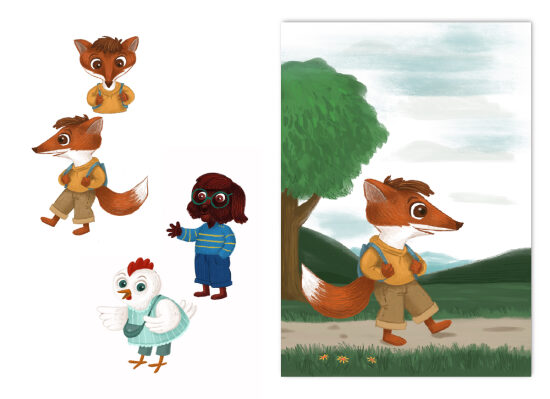 Un renard et un poulet dans un paysage